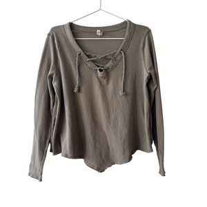 Free People Taupe Rope Neck Tie Long Sleeve Shirt size XS
